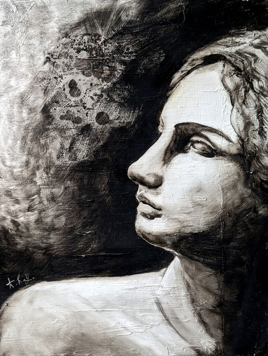 Black and white gestural oil painting of a portrait of a feminine bust. High contrast