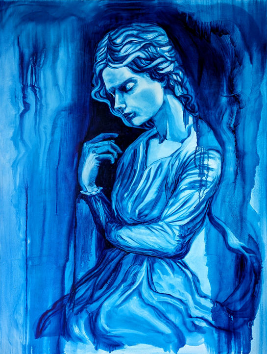 Blue monochrome figure seemingly asleep peacefully among an abstracted wash of blue