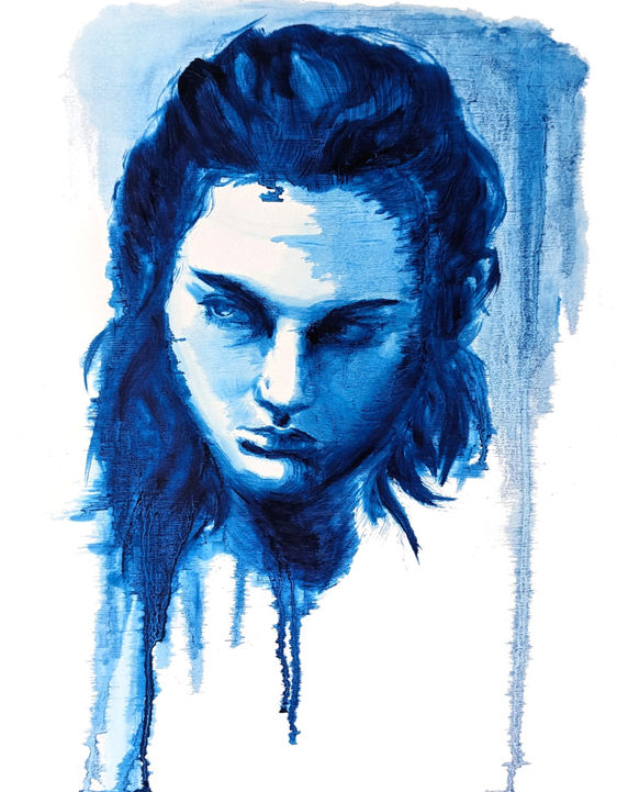 Small Oil painting of blue monochromatic bust, feminine face, dramatic centered among a white background