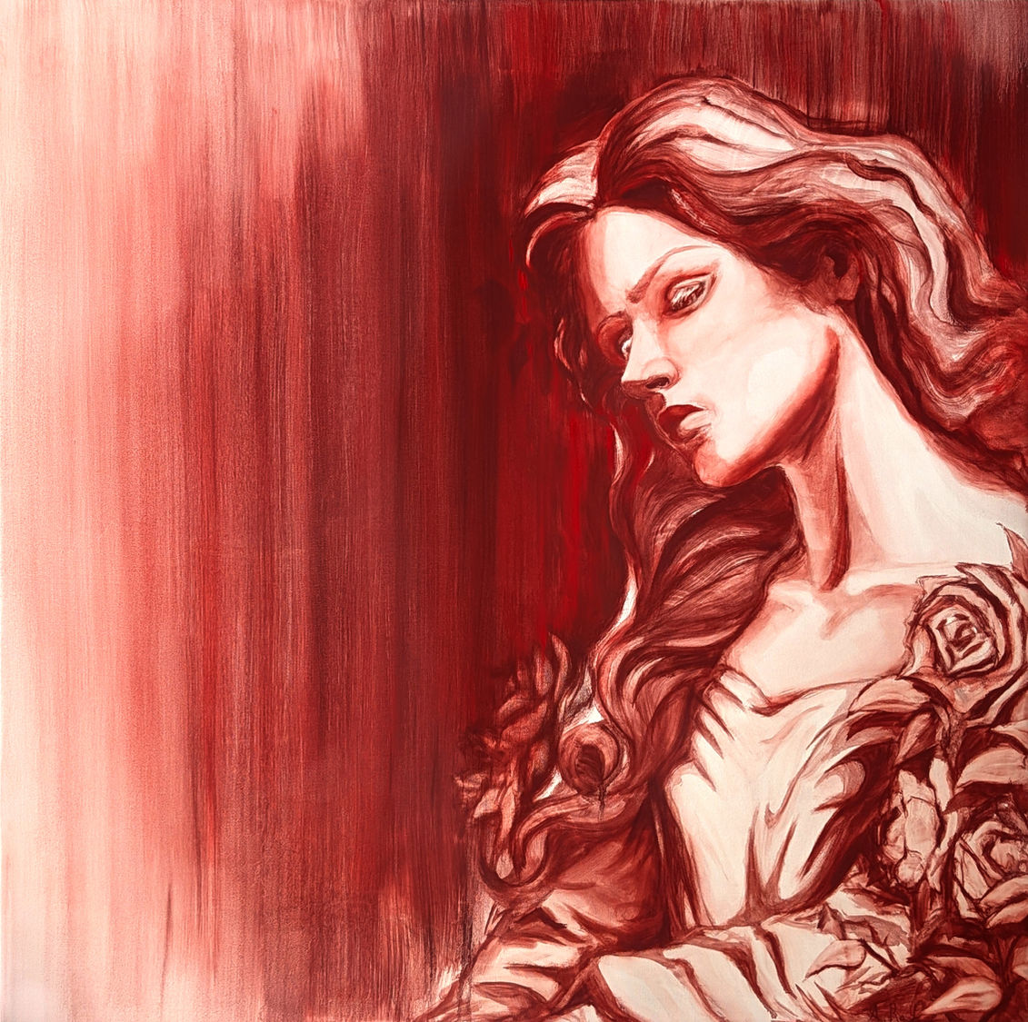 Red oil paint on canvas of a beautiful feminine figure among roses in a square composition. the figure is on the right side of the canvas where the profile is mainly displayed, eyes downcast.