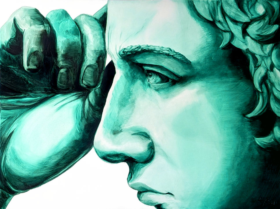 Phthalo green monochromatic high contrast painting, cropped and zoomed to a beautiful male side profile, the oil painting is painted realistically and dramatically. A light wash of brushwork fills the background space to contrast the dark figure in the center.