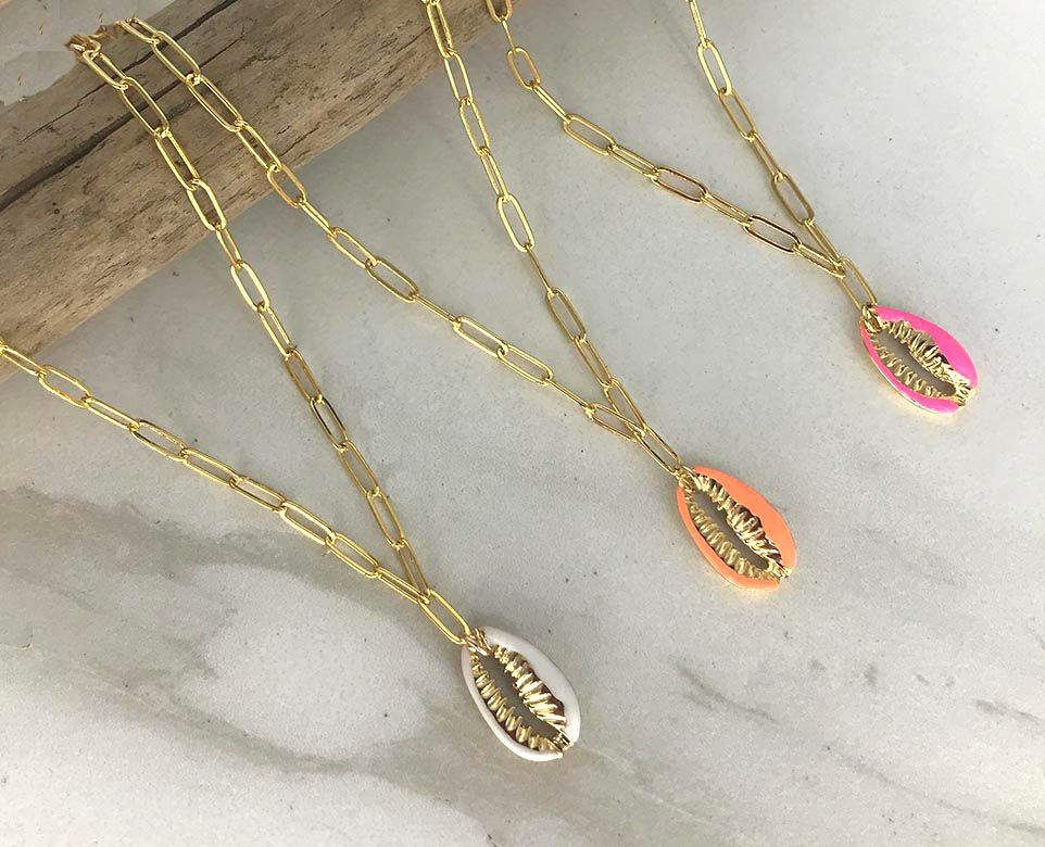 Thumbnail: POP OF COLOR Enamel Cowrie Shell Necklaces