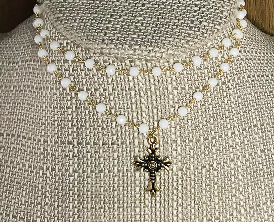 CHRISTY White Beaded Choker - Gold Cross Necklace