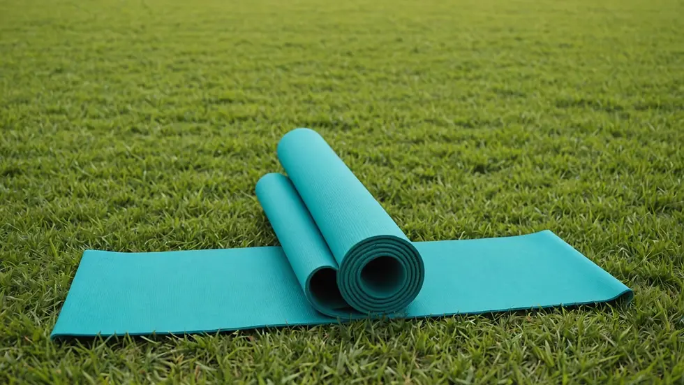 Close-up view of a yoga mat on a grass field, symbolizing relaxation
