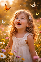 enfant émerveillée dans un champ avec des papillons 