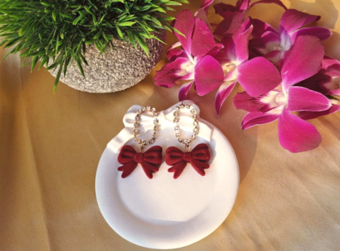 Wine Red Velvet Bow Earrings