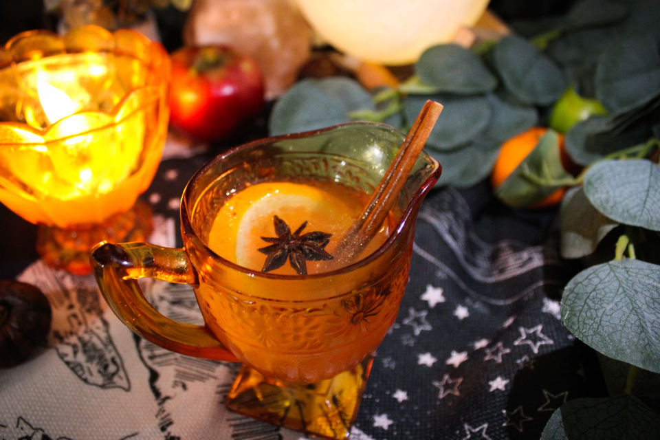 Apple Cider with Gold Dust in Amber Glass Chalice, Food Photography by Sarah Ruth Frey Creative Studio