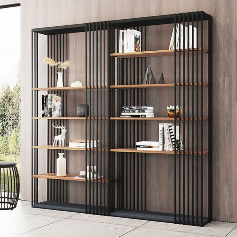 Modern black metal and wood bookshelf with books and decor