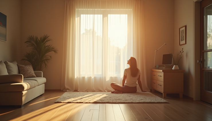 Eye-level view of a person sitting calmly in a cozy room with soft natural light