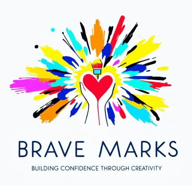 Brave Marks logo: Colorful heart, paintbrush, hands; Building confidence through creativity