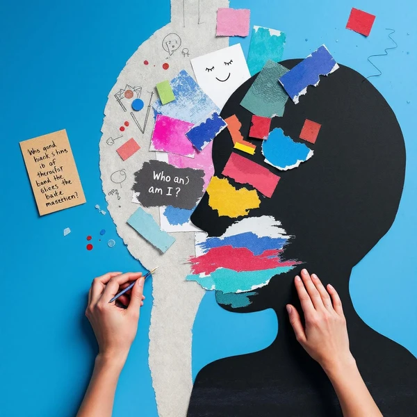 Collage depicting grief processing; visible text includes "Who am I?" and "We are here to help you through this loss."