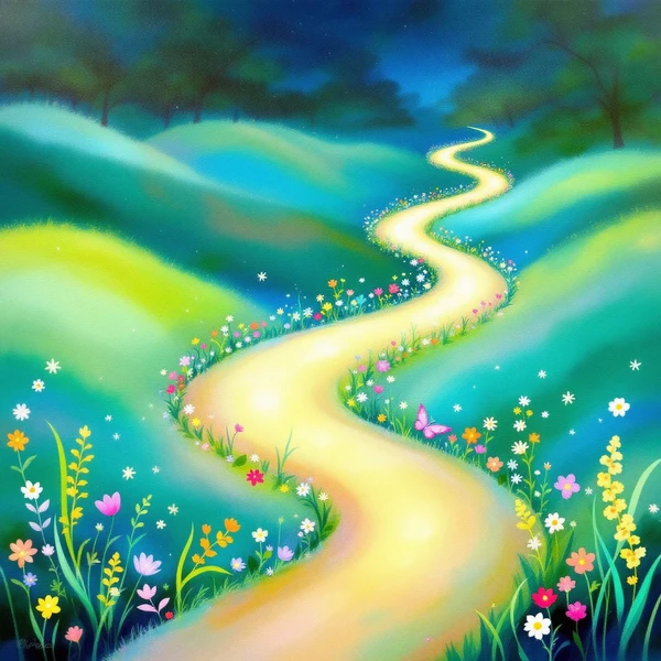 Glowing path through vibrant floral landscape