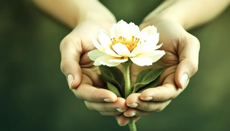 Hands gently holding a delicate white flower