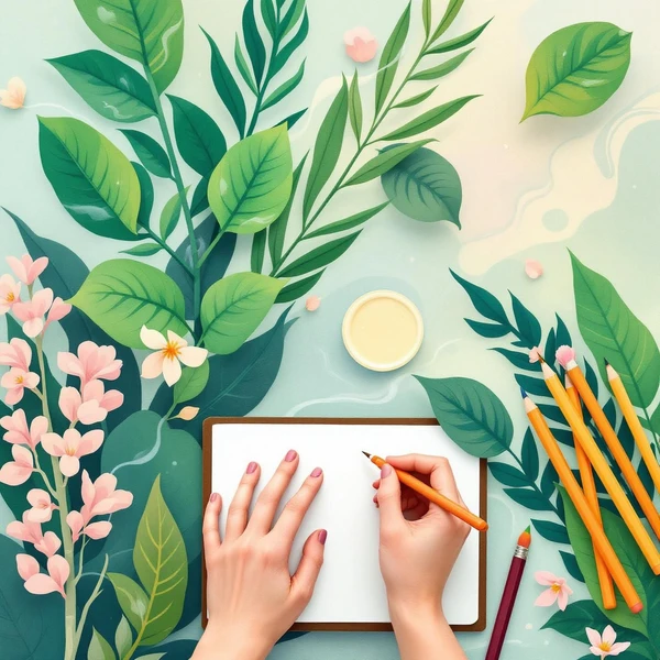 Hands sketching in nature-inspired setting