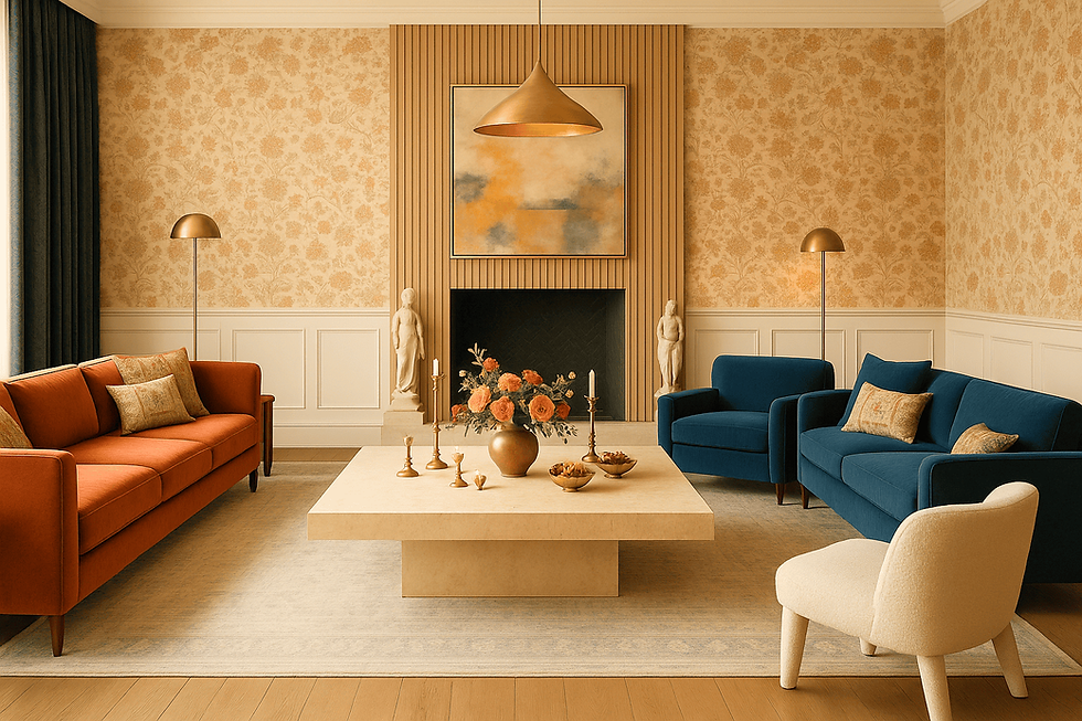 A luxurious living room with rust and blue velvet sofas arranged around a square travertine coffee table. The walls are covered in soft floral wallpaper with a fluted wood fireplace at the center. An abstract painting in warm tones hangs above, and antique brass lamps create ambient lighting. A cream boucle chair and layered decor bring balance and cultural depth