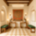 A spacious, Spanish colonial-style entryway featuring honed white and oat brown checkered marble flooring, a vivid tree of life painting framed in gold on the north wall between two arched openings. Flanking the painting are tall teak consoles with brass peacock sculptures and white onyx candle holders. Matching teak benches with green velvet cushions sit below textured white art panels framed in brass, illuminated by picture lights. A long crystal chandelier and exposed wooden beams add vertical elegance to the culturally rich space