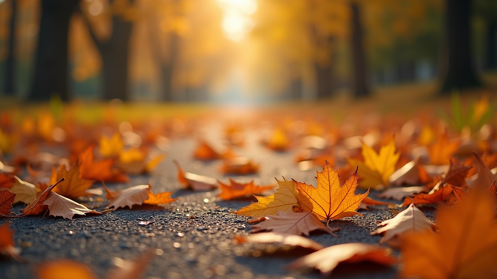Close-up view of vibrant autumn leaves scattered on a path