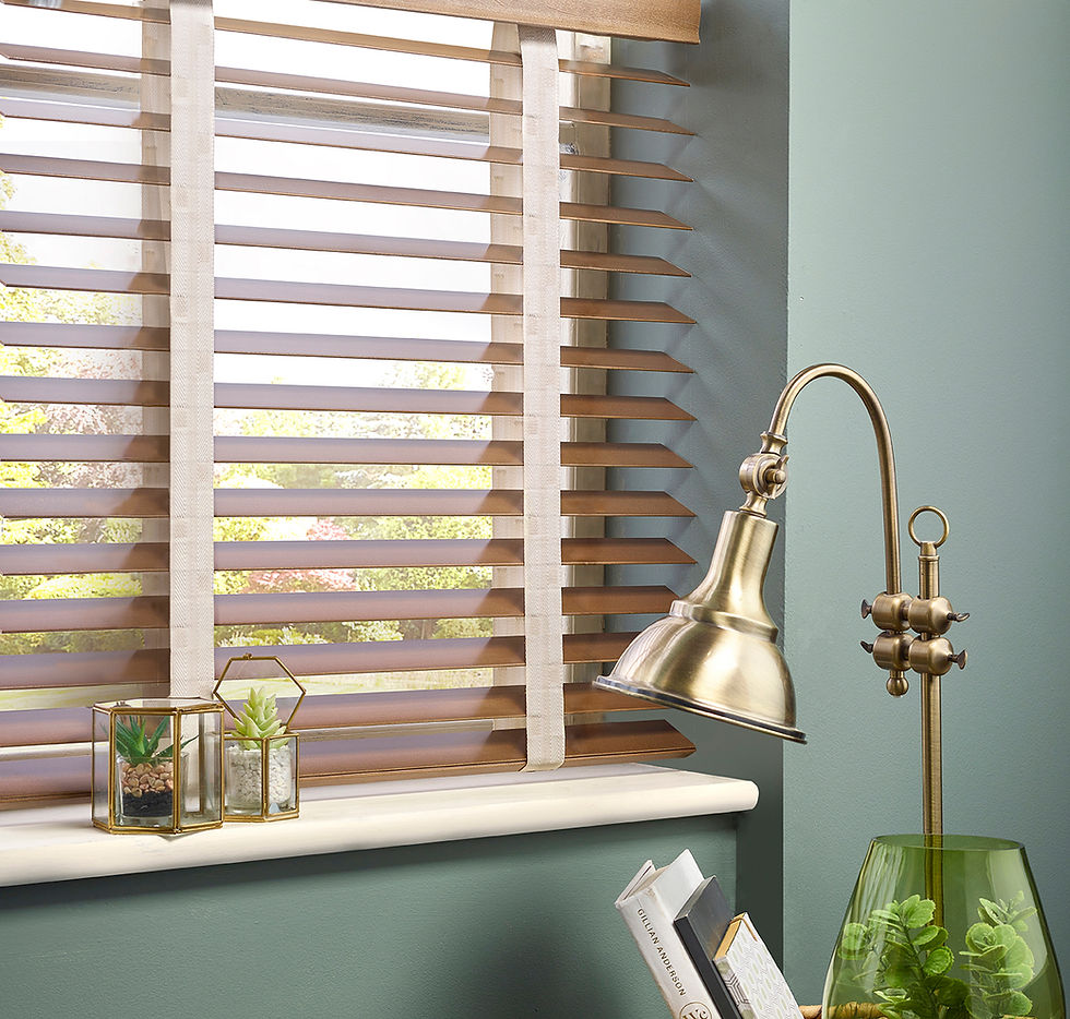 Light brown wood Venetian Blind with tapes in a green room