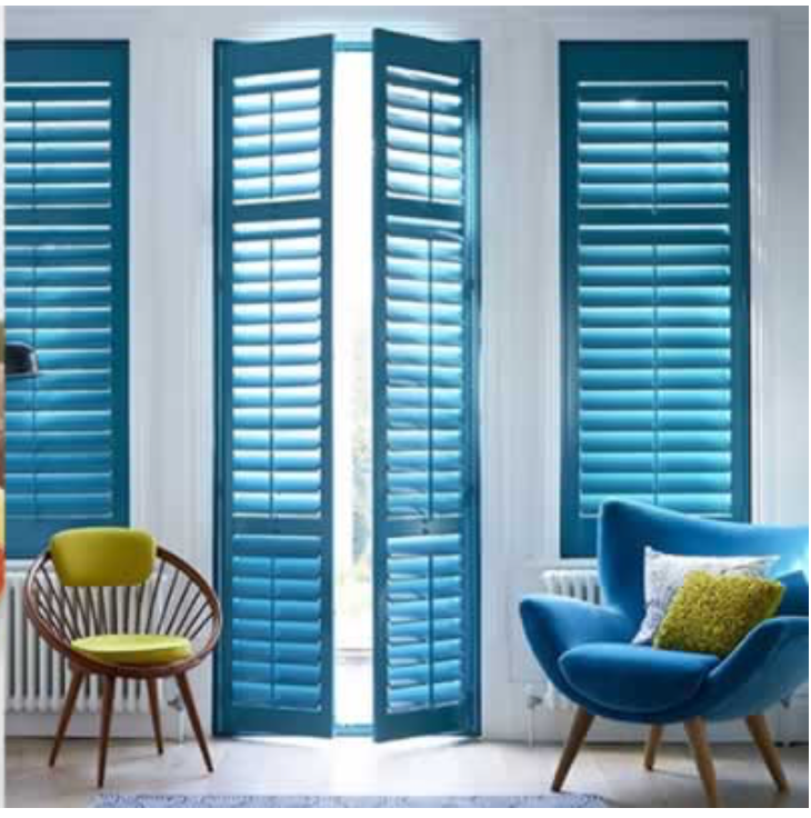 Custom colour turquoise full height patio door shutter with window shutters