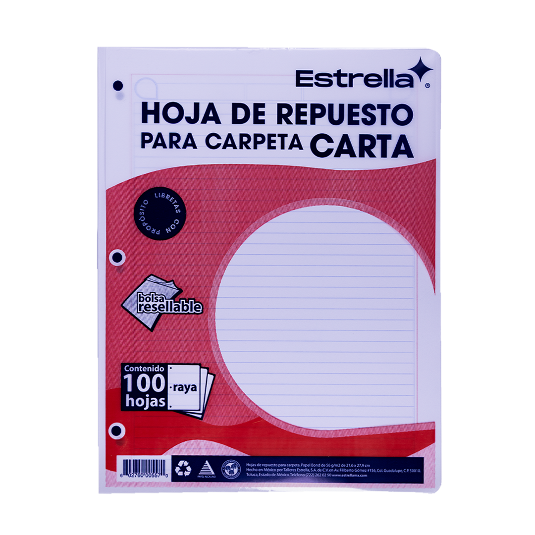 HOJAS DE REPUESTO CARTA RAYA 100 HOJAS