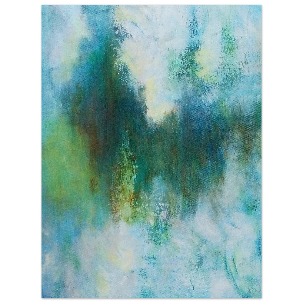 What Lies Beneath fine art print by Lori Sowle featuring layered blue, turquoise, green and white abstract forms