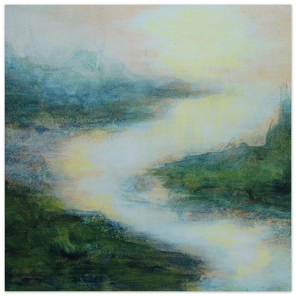 The Way Through fine art print by Lori Sowle, an atmospheric abstract painting with golden light, blue-gray mist and deep gre