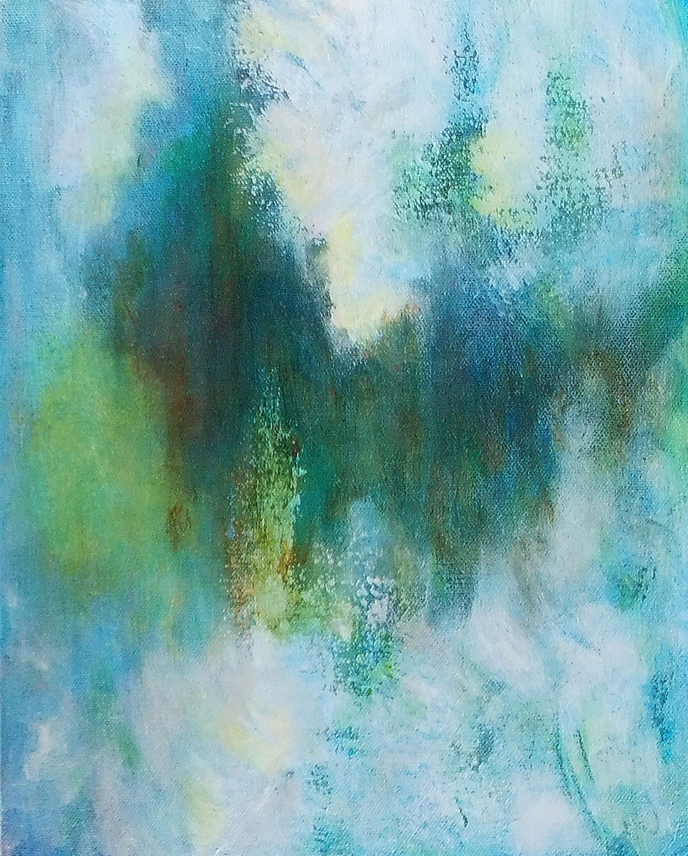 What Lies Beneath abstract acrylic painting by Lori Sowle with layered blue, turquoise, green and white