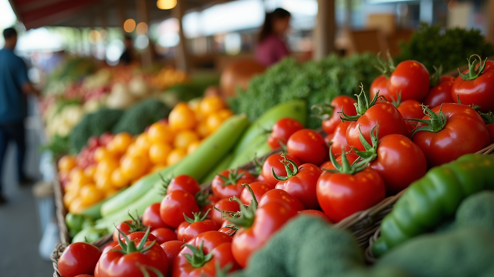 High angle view of fresh produce at a farmer's market, emphasizing healthy eating choices