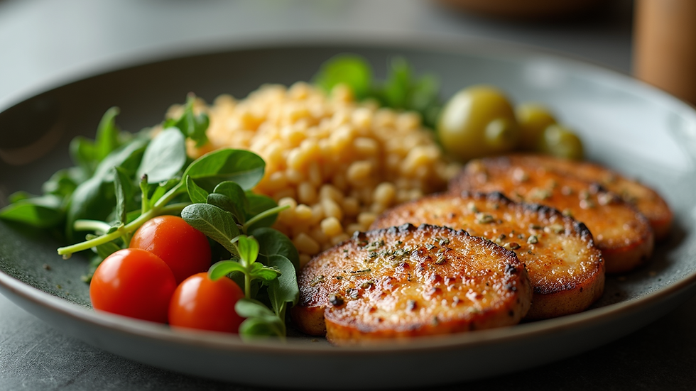 Close-up view of a balanced plate with vegetables, grains, and protein