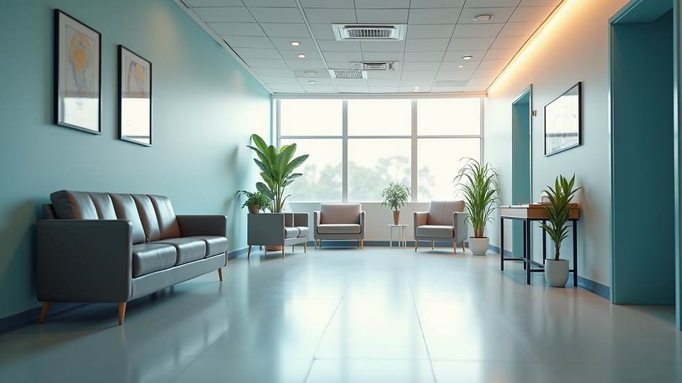Wide angle view of a modern clinic waiting area