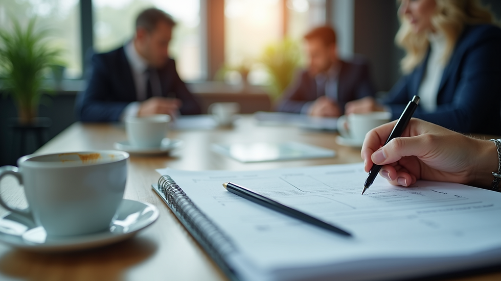 High angle view of a workplace safety meeting with documents and coffee cups