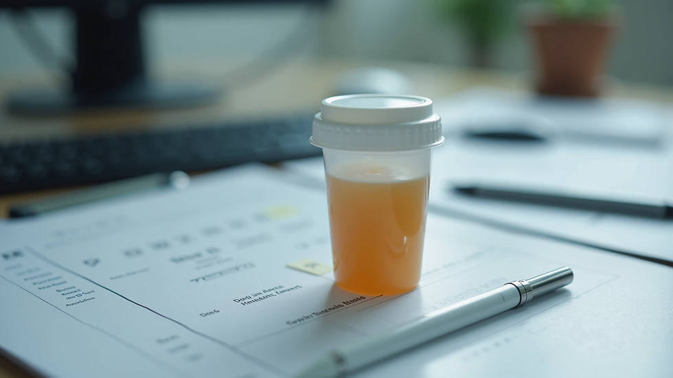 Close-up view of a drug test cup and paperwork on a desk