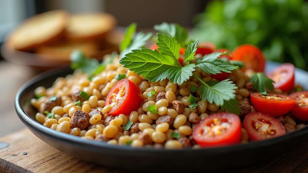 Eye-level view of a vibrant balanced meal packed with vegetables and grains