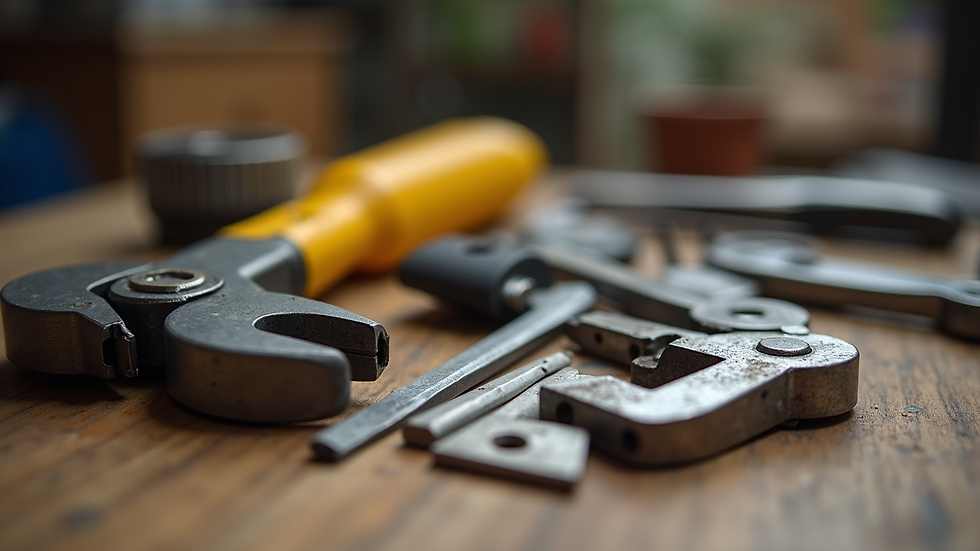 Close-up view of essential hardware tools laid out on a wooden surface