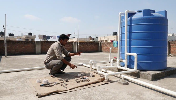 Wide-angle view of a plumber inspecting pipes near a rooftop water tank