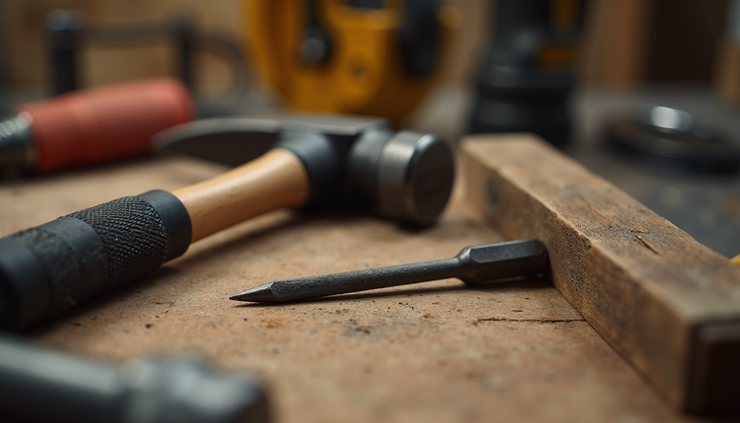 Eye-level view of a sturdy hammer and screwdriver set on a wooden workbench