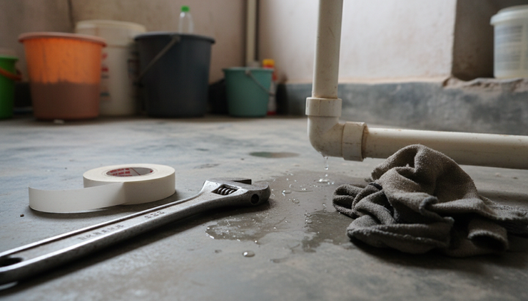 Close-up view of plumbing tools beside a leaking pipe joint