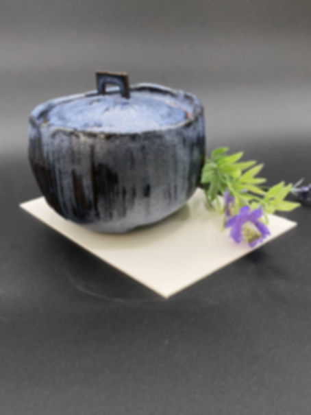 Denim blue pinch-pot lidded jar #7