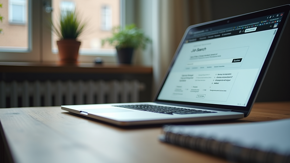 Close-up view of a laptop and notebook on a desk with job search websites open