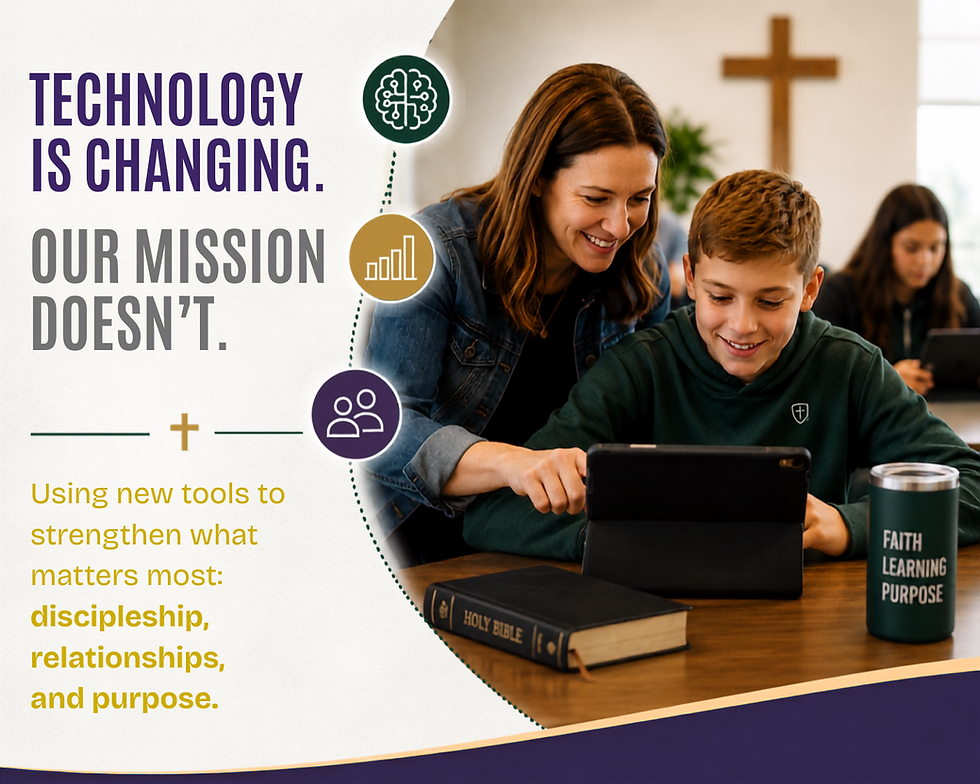 Woman helps boy use a tablet in a classroom; poster reads Technology is changing our mission doesn’t.