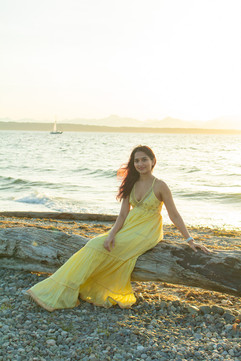 Desi woman posing on driftwood with sunset over the Puget Sound