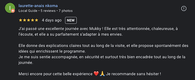 Cette française à passée une excellente journée en visite guidée selon son avis 5 étoiles.