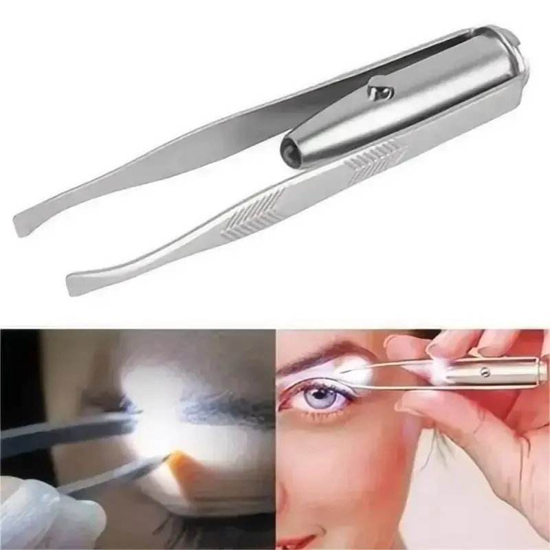 1PC Portable Stainless Steel Eyebrow Tweezer Smart LED Light - Remov