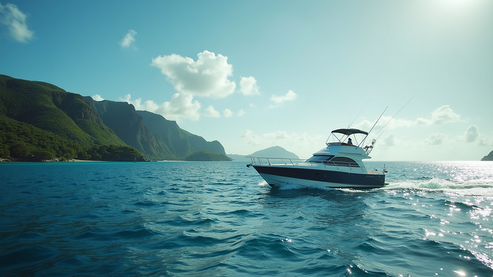 Wide angle view of a small boat cruising on calm ocean waters near Dominica’s coastline