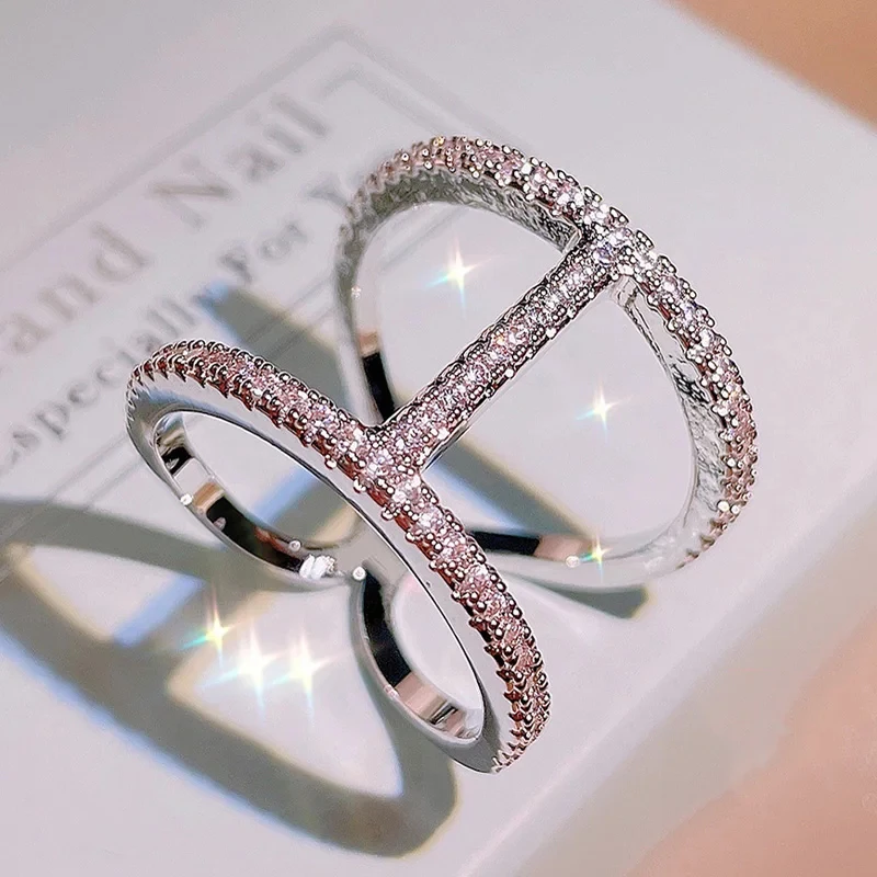 Simple Geometric Double Line Cross Genuine 925 Sterling Silver Ring Hollowed Out