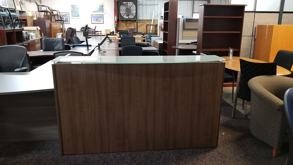 Thumbnail: office source 2 tone laminate double pedestal reception desk with glass transaction top in white and walnut finish