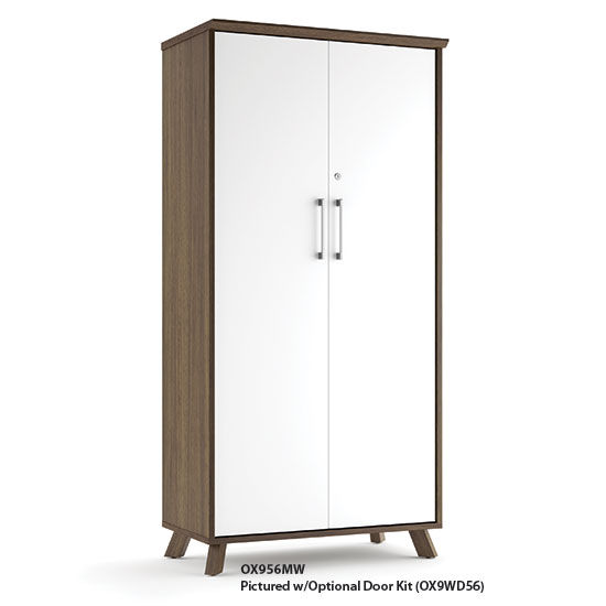 65" height sienna collection laminate bookcase in walnut finish with white doors with lock