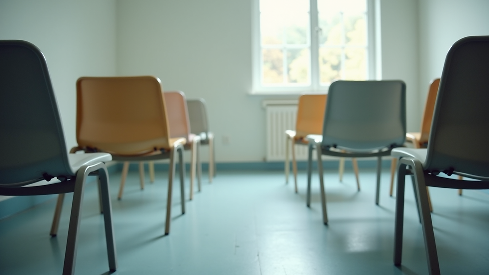 Vue en plongée d’un cercle de chaises vides dans une salle de groupe de soutien