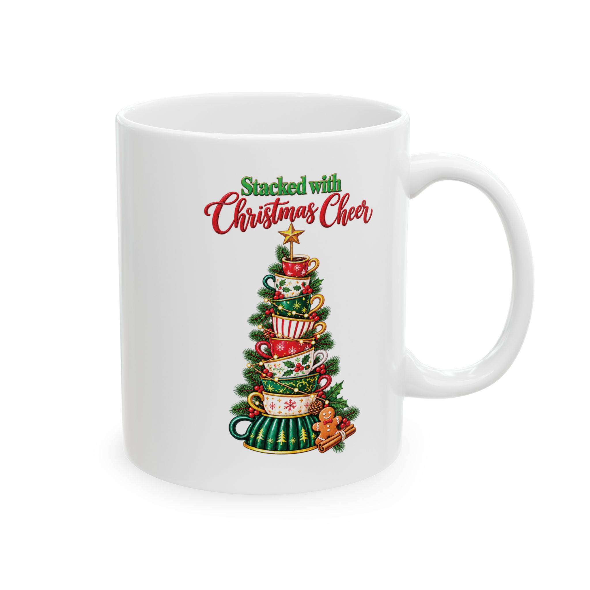 stack with Christmas cheer Tree Mug — Festive Ceramic Coffee Cup (11oz, 15oz)