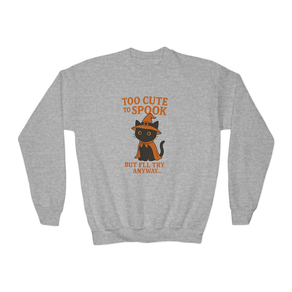 Thumbnail: Too Cute to Spook but I’ll try anyway Halloween black cat kids sweatshirt